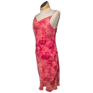 Vtg Y2K Johnnie M Pink Rose Floral Print Draped Neck Chiffon Knee Length Dress 8